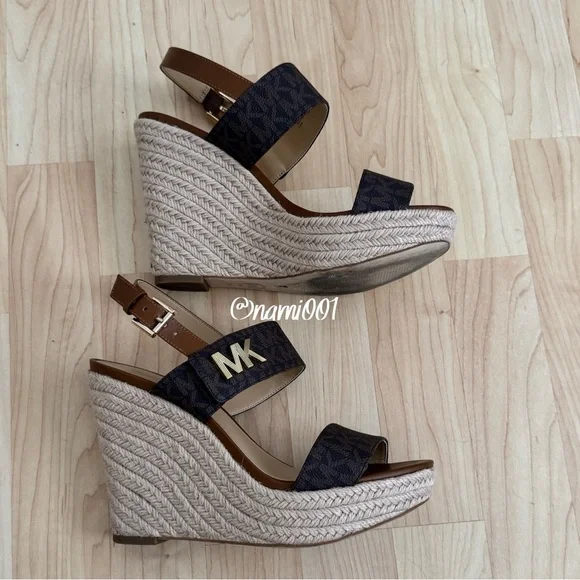 MICHAEL Michael Kors Brown Monogram Deanna Wedges Sandals with Logo Straps - Picture 5 of 9